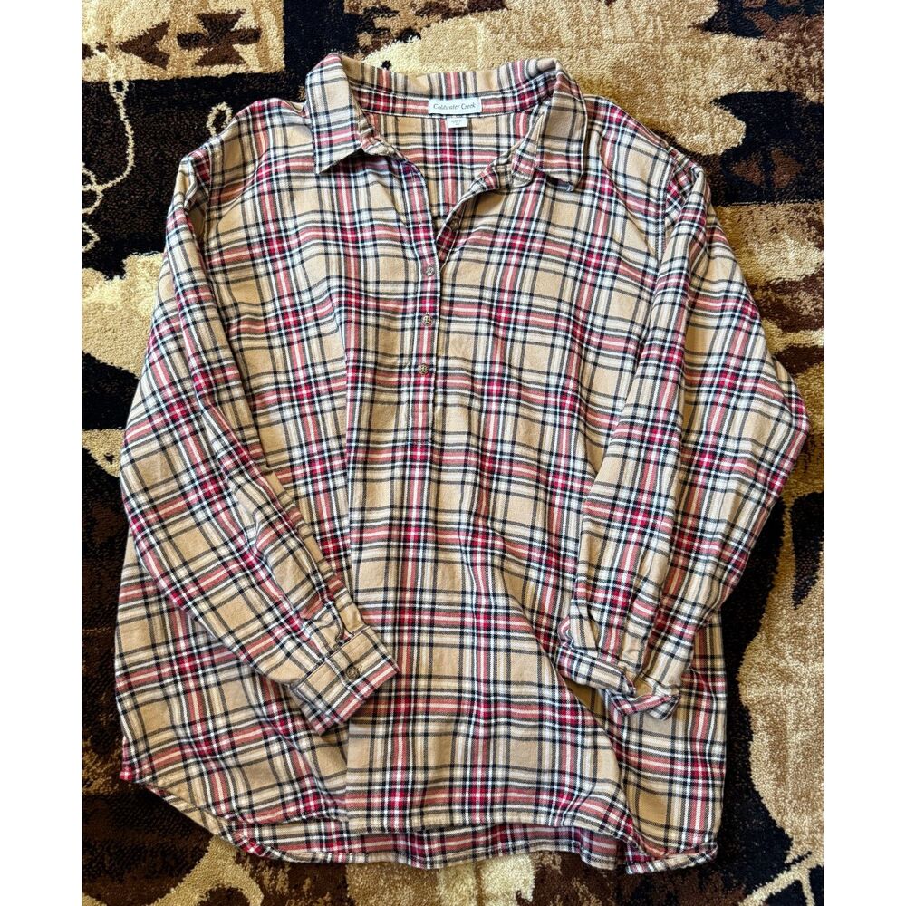 Coldwater Creek 100% Cotton Flannel Shirt Red Tan Plaid 1/4 Button 3XL